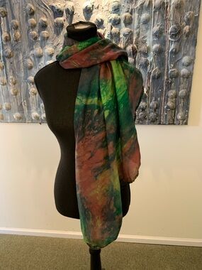 ⭐️ Hand-Dyed Multicolor Silk Scarf in Green and Rust